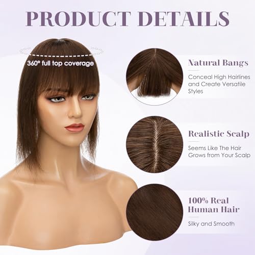 Hair Toppers for Women Real Human Hair 18 Inch Long Straight Toppers for Women with Thinning 7 * 13CM Silk Base Clip in Hairpieces with Bangs (Medium Brown)