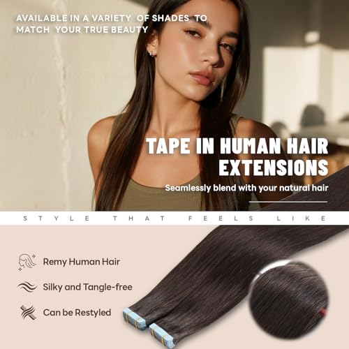 Tape in Hair Extensions Human Hair 18 Inch 50g 20Pcs Remy Human Hair Extensions Invisible Straight Seamless Tape in Extensions (18in, 50g, #2)