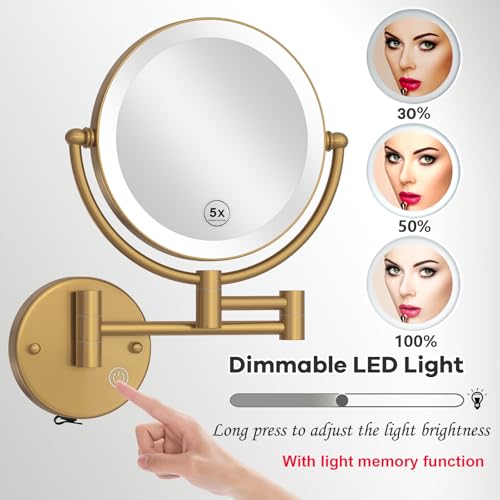 Hardwired Lighted Magnifying Makeup Mirror Wall Mount Gold, 1/5X Double Sided Vanity Mirror Bathroom, Touch Dimming, 360 Rotation Extension Arm Shaving Light up Mirror, Brushed Moderne Brass