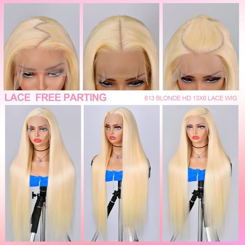 28 Inch 613 13x6 Lace Front Wig Human Hair 200 Density Straight 13x6 HD Lace Front Wigs Human Hair Pre Plucked 613 Blonde HD Lace Frontal Glueless Wigs for Women