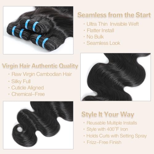 15A Cambodian Body Wave Bundles, 3 Bundles 16 16 16 Inch, Ultra Thin Double Drawn Sew In Weft, Unprocessed Raw Virgin Real Human Hair Extensions, Cuticle Aligned, Triple Lifespan, Reusable