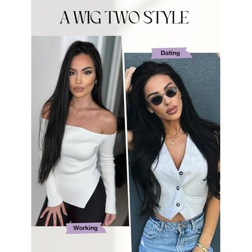 WIGER 28 Inch Straight Lace Front Wigs Long Nature Black Synthetic Heat Resistant Cosplay Wig For Women Pre Plucked Glueless Wig for Halloween Costume Girl Party Hair