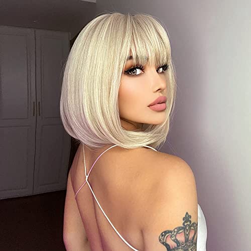 Platinum Blonde Bob Synthetic Wig for Women, Short Straight Hair with Bangs, Heat Resistant for Daily Party Use (Platinum Blonde, 12 inch)