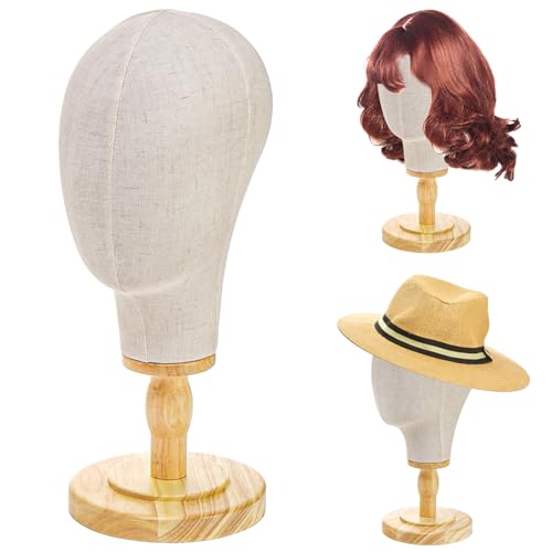 Peohud 21 Inch Mannequin Head, Canvas Wig Head Stand with Detachable Wood Stand, Linen Hat Display Model Head for Caps, Headdress, Wig Making