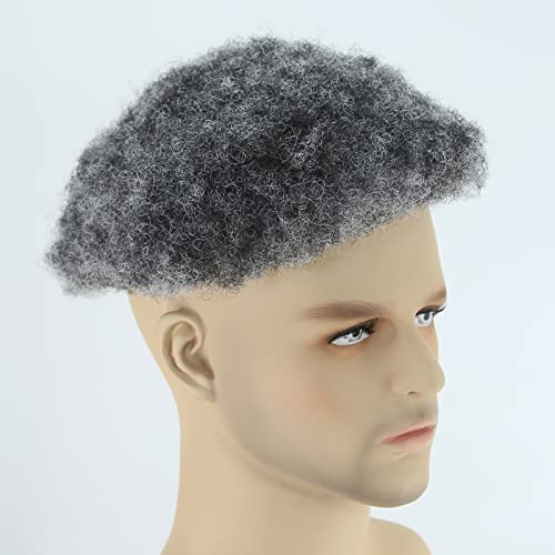 ZigZag Hair Afro Toupee for Black Men 1B Mix 50% Grey Fluffy Explosion Tight Afro Curly Mens Toupee Human Hair Short Hair Mono with PU Men's Wig 8x10inch Mens Hair Systems Hairpiece (1B Mix 50% Grey)