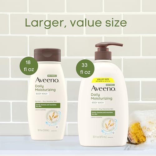Aveeno Daily Moisturizing Body Wash for Women and Men for Dry & Sensitive Skin, Paraben, Soap & Dye-Free, Gentle Shower Cleanser, Dermatologist Recommended Brand, Lightly Scented, 33 Fl Oz