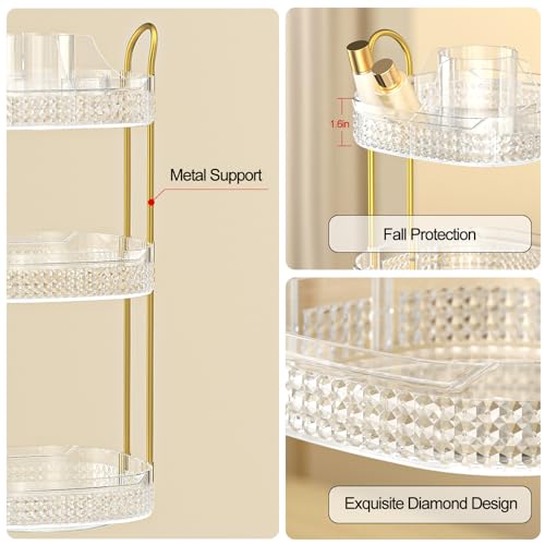 Rotating Makeup Organizer for Vanity 3 Tier, Perfume Organizer with Makeup Brush Holder, Large Capacity Cosmetics Clear Skincare Organizer for Countertop (Transparent)