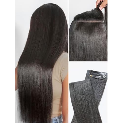 LUVME Invisible Clip in Hair Extensions, Yaki Straight Real Human Hair 18 Inch 2 Pack 220g 12pcs Clip ins Hair Extensions Natural Black for Women
