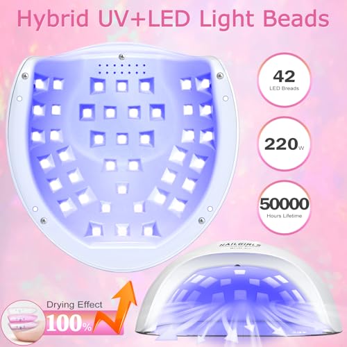 NAILGIRLS UV LED Nail Lamp, 220W, White, 42 UV+LED Beads, 4 Timer Settings, Auto Sensor, Professional Nail Light Curing, Gel Polish, Salon & Home