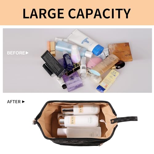 Abiudeng Large Capacity Makeup Bag Ladies Cosmetic Bag Travel Bag with Compartments Portable PU Leather Travel Makeup Bag with Handle