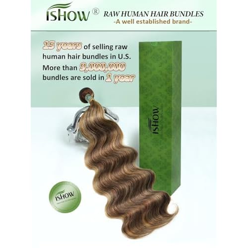 ISHOW Raw Human Hair Bundles, 100% Unprocessed Virgin Human Hair, 15A Body Wave Premium Quality Bundles Producer, 18 Inch Single Bundle, Long Lasting, Ombre Honey Blonde Color P4/27