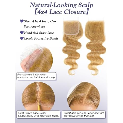 Honey Blonde Bundles with Closure Human Hair Body Wave 10 12 14+10 Inch, Color 27 Golden Ash Blonde 3 Bundles with 4x4 HD Closure 12A 100% Raw Brazilian Virgin Hair Sew In Weave with 4x4 Closure #27
