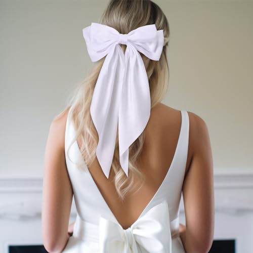 Mimorou 25 Pcs Satin Hair Bows Bulk Silky Big Hair Bows for Women Oversized Long Tail Ribbons Large Knot Clips Barrettes for Holiday Gifts(Plain)