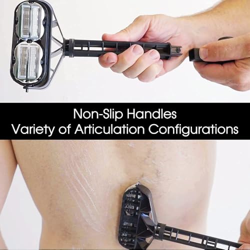 OmniShaver Ergonomic Maintenance Back Shaving Kit - Extendable Handle with Dual Shave Heads for Easy Reach - Includes Lotion Spreader - Self-Cleaning & Self-Stropping - Maintenance Back Shaver for Men