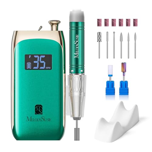 Melodysusie Nail Drill Professional Brushless MB450C, 35,000RPM Portable Electric Nail File, Cordless Efile Nail Drill Machine for Gel Nails, Rechargeable E Filer Kit with 8 Bits, Jade Plus, Green