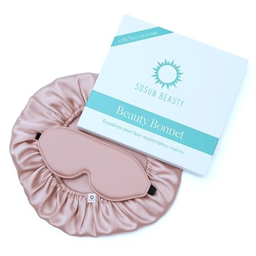 Sosun Beauty Double Layer Blush Pink Satin Sleep Bonnet with Tie Band and Free Matching Sleep Mask
