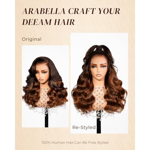 Arabella Pre Everything 13x6 Full Lace Body Wave Glueless Wig Human Hair Pre Plucked Pre Cut Omber Highlight Dark Brown 230% Density Lace Bleached Knots Ready to Go Wig 20 inch
