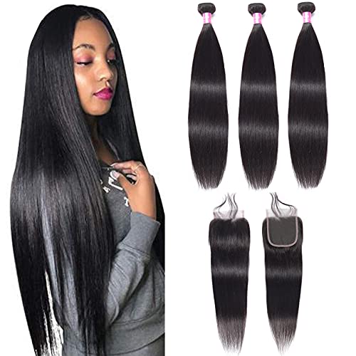 FQ Peruvian Straight Human Hair Bundles with Closure(20 22 24+16 Closure) Unprocessed Virgin Human Hair 3 Bundles with Closure 10A Straight Hair Wave Bundles with Lace Closure