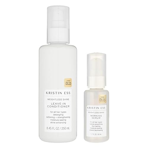 Kristin Ess Styling Bundle, Hydrating Salon Leave In Conditioner Spray for Strength + Shine - Lightweight Anti Frizz Detangler for Women + Weightless Shine Working Hair Serum for Dry Damaged Hair