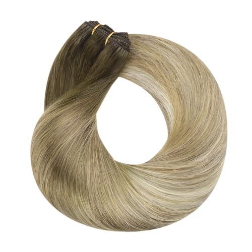 HOTBANANA Sew in Hair Extensions, 22inch 110g Ombre Walnut Brown to Ash Brown and Bleach Full Head Weft Real Human Hair Extensions Straight