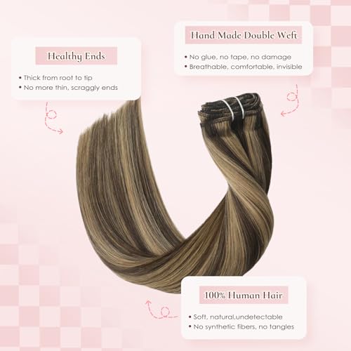 22 Inch Clip-in Real Human Hair Extensions,7 Pieces with 16 Clips,Chocolate Brown Highlighted Caramel Blonde 105 Gram Silky Straight Hair,Remy Thick Invisible, No Shedding
