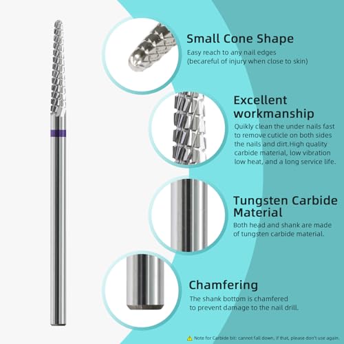 Small Cone Cuticle Clean Nail Drill Bits, 3/32" 2mm Conical Carbide Nail Bit, Professional Safety Under Nails Cleaner for Cuticle Dead Skin, Electric Manicure Accessories, Medium