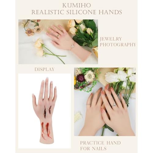 KUMIHO Realistic Silicone Female Hand Model Fake Hand for Jewelry Display Tattoo Training Practice Art Sketch with Nails, 1 Pair -with Skeleton, Brown
