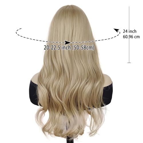 GNIMEGIL 24 Inch Long Blonde Wig With Bangs 24 Inch Long Wavy Wig For Women Bouncy And Shiny Synthetic Blonde Hair Wigs Natural Look Daily Cosplay Party Halloween