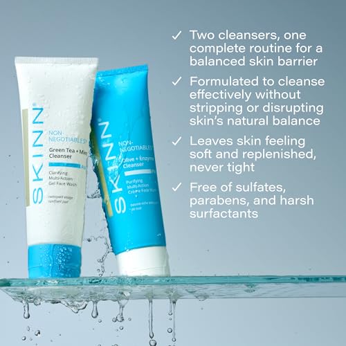SKINN Day & Night Face Wash for Women & Men - Refreshing Green Tea & Mint Infusion, Nourishing Olive & Enzyme Formula - Complete AM/PM Cleanser Set for Hydrated