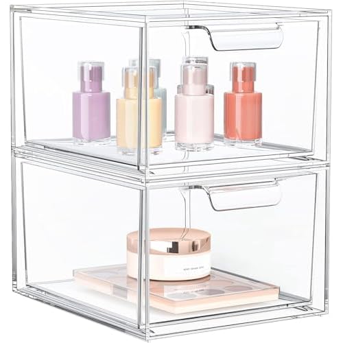 2 Pack Stackable Makeup Organizer and Storage, Acrylic Organizers£¬Clear Plastic Storage Drawer with Handles for Vanity, Undersink, Kitchen Cabinets, Pantry