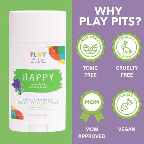 PLAY PITS - Kids Deodorant for Girls & Boys - Natural - Aluminum-Salt Free - Safe for Sensitive Skin - Variety Pack - SUGA, SONSHINE, & HAPPY ? Clean, Non-Toxic, & Paraben Free - 2.65oz - 3 pack