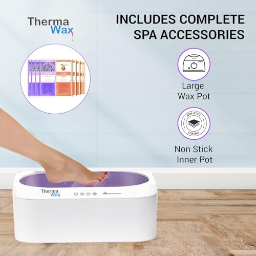 ThermaWax Paraffin Wax Machine | Auto Lid for Hands, Feet & Elbows |20-Minute Quick Melt |Precision Temperature Control | Includes 8 Refills(4-Peach, 4-Lavender),Cotton Gloves,Booties,Brush, & Spatula