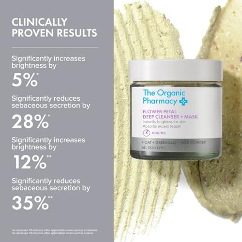 The Organic Pharmacy Flower Petal Deep Cleanser + Mask, 40ml, Natural Mineral Face Cleanser, With Oats & Green Clay, All Skin Types