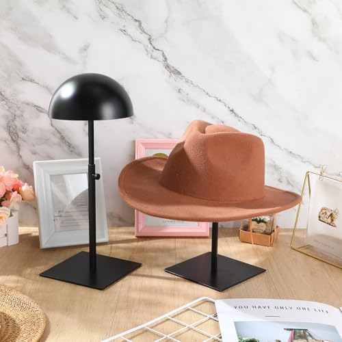 Sintuff 2 Pcs Hat Display Stand 7.9-15.7 Inch Adjustable Hat Holder Sturdy Wigs Head Stand Anti-rust Non-slip Stable Stainless Steel Metal Hat Rack for Multiple Hats Storage Wig(Black,Square Base)