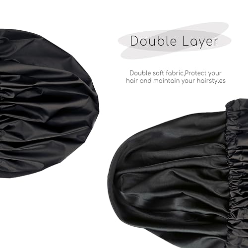 Shower Caps, Silk Lined Shower Cap for Women,Reusable,Adjustable Size, Washable & Waterproof,Large Satin Shower Cap-Black