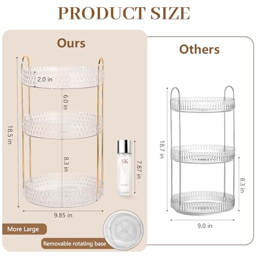 Rotating Makeup Organizer for Vanity, 3 Tier Perfume Skincare Storage for Women, Bathroom Counter Organizer, 360 Spinning Cosmetic Holder for Dresser Countertop, Clear