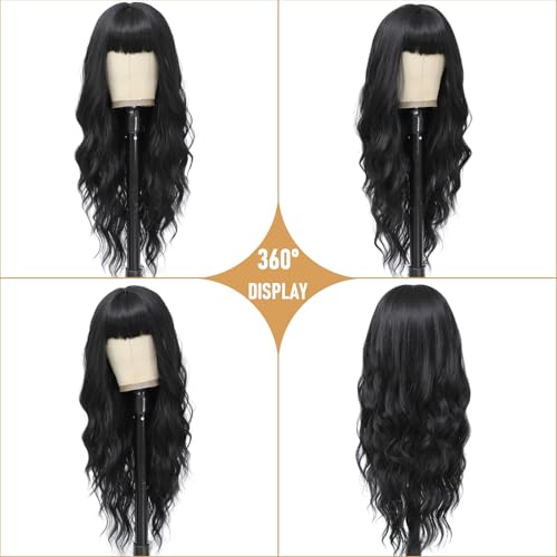 MINLEE Black Wig with Bangs for Women 26 Inch Long Wavy Wig Natural Black Hair Wigs Heat Resistant Synthetic Wig for Daily Party Use