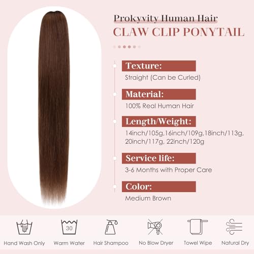 Human Hair Claw Clip Ponytail, Claw Clip Human Hair Ponytail,Effortless Application with Secure Hold,Style in Seconds,Quick Styling Solutions for Busy Lives, 22"/120g Medium Brown