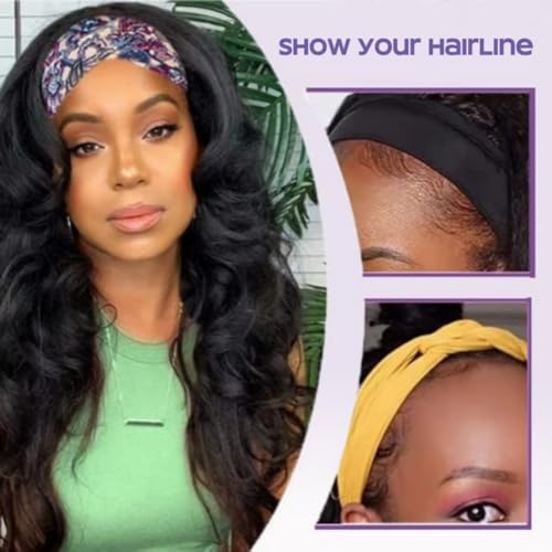 Headband Wig Human Hair Body Wave Wigs None Lace Front Wigs 100% Human Hair Brazilian Virgin 150% Density Natural Color (22inch)