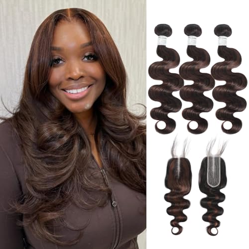 Brown Highlight 3 Bundles with 2x6 Closure Body Wave Human Hair 18 20 22+16 In, 12A Thick #F4/2 Dark Brown with Chestnut Highlight Human Hair Bundles and 2x6 Hd Lace Kim K Closure Long Deep Part