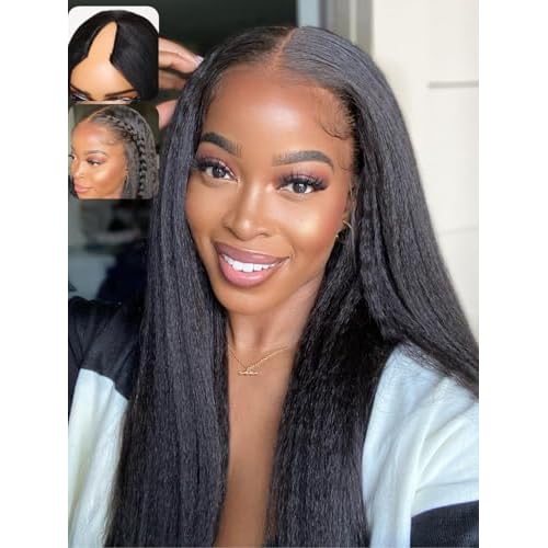 YIROO Hair V Part Wig Human Hair Kinky Straight Wig No Leave Out Upgraded U Part Wigs for Women 12A Yaki Straight Glueless Wear And Go V Shape Clip in Wigs Beginner Friendly 150% Density 20 Inch