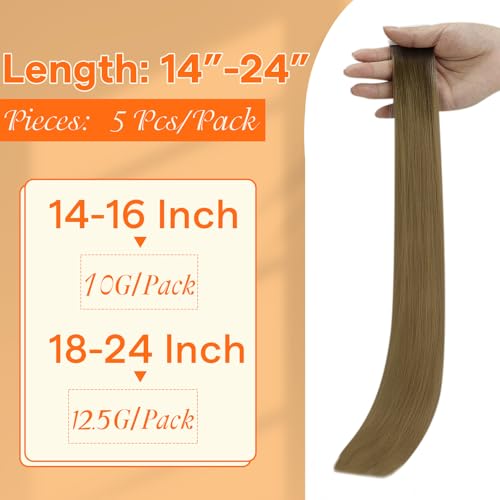 Full Shine Invisi Edge Tape in Hair Extensions Human Hair Ombre 14 Inch Color R3 Dark Brown to 8 Light Brown Virgin Hair Extension Invisible Machine Remy Double Sided Tape in Extensions 10Gram 5Pcs