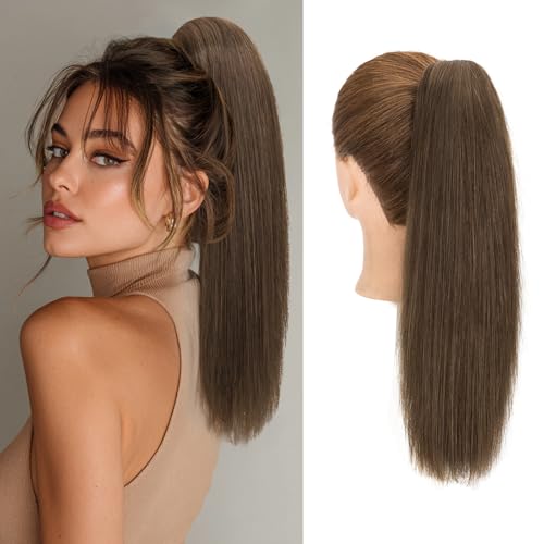 Ponytail Extension, 22 Inch Claw Clip Ponytail Extension Human Hair Long Straight Jaw Clip in Real Hair Pony Tails Hairpieces for Women Chocolate Brown