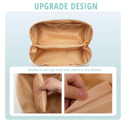 Makeup Bag Cosmetic Bag, Large Capacity Travel Makeup Bag for Women with Portable Pouch Open Flat Water-resistant Toiletry Organizer Bag with Handle (Beige)
