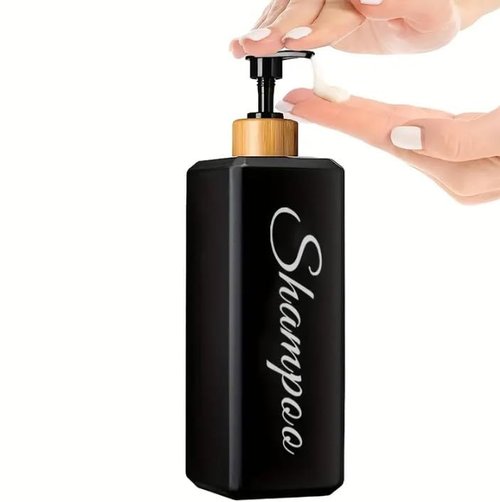 uMadeUs Refillable Shampoo and Conditioner Dispenser - Essentials Toiletries Accessories for Containers, Toiletry Lotion Liquids Bottle Soap Container Set - Black Square Bamboo Cap 1