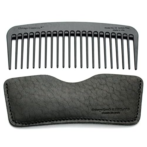 Chicago Comb Model 10 Carbon Fiber + Black Horween Leather Sheath, Wide Tooth, Made in USA