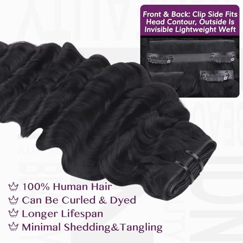 IDN BEAUTY Genius Weft Deep Wave Clip In Hair Extensions Human Hair For Black Girl Women, Virgin Hair Longer Lifespan, Invisible Seamless PU Weft Clip Ins, 18 Inch 110g 7Pcs Natural Black