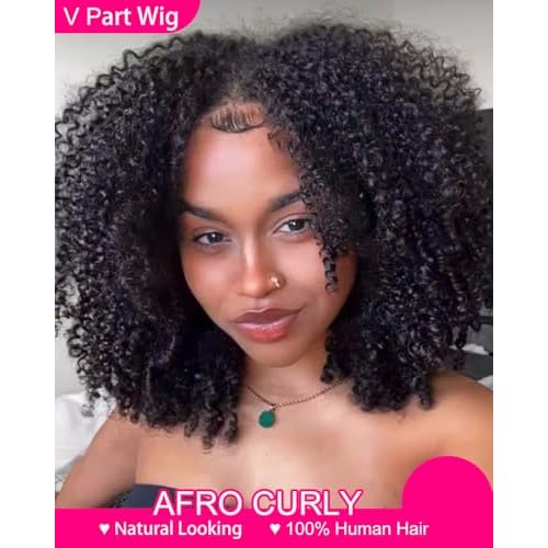 V SHOW Glueless Wigs V Part Wig Human Hair Afro Curly Wig No Leave Out Thin Part Human Hair for Beginner Friendly 180% Density Upgrade Upart Kinky Curly Wigs 20Inch