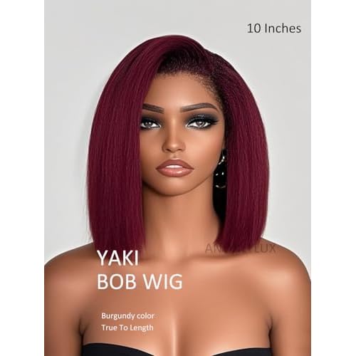 99J Burgundy Yaki Straight Bob Wig Human Hair Kinky Straight Lace Front Wigs Human Hair Pre Plucked with Baby Hair Pre Cut Lace Wig Short Wine Red Blunt Cut Bob Wigs 12 Inch