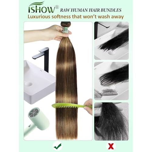 ISHOW Raw Human Hair Bundles, 100% Unprocessed Virgin Human Hair, 15A Straight Premium Quality Bundles Producer, 18 Inch Single Bundle, Long Lasting, Ombre Honey Blonde Color P4/27